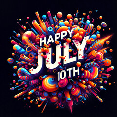 Dynamic abstract explosion with "Happy July 10th" text, colorful shapes and festive elements
