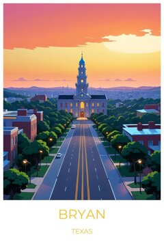 Bryan Texas United states Travel Poster Illustration Print Decor Gift Canvas Wall Art Gift