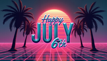 Retro-inspired tropical scene with "Happy July 6th" text and palm trees against a sunset background