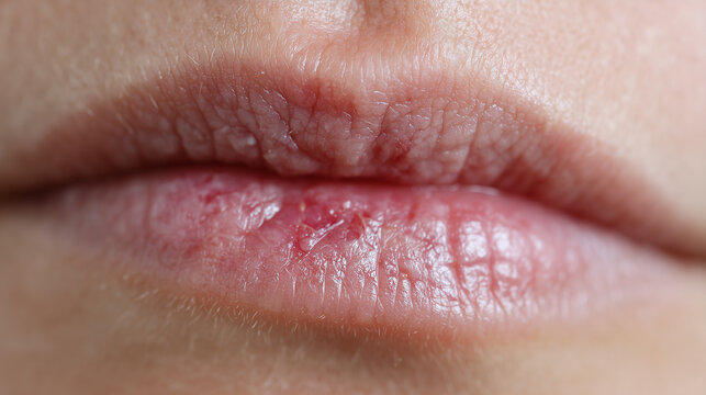 Cold sore scarring on dry lips with visible redness and peeling skin, showing irritation and healing signs in close up macro shot of philtrum area