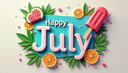 Colorful summer design with "Happy July" text, popsicle, fruits, and vibrant leaves 