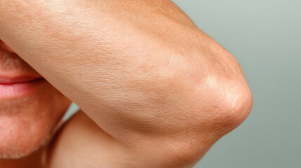 Inner elbow skin close up with natural texture and minimal lighting showing smooth surface and subtle hair, highlighting human skin detail and natural tone in soft focus
