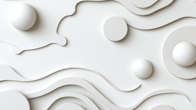 Abstract white background with layered organic shapes and smooth round forms creating modern minimalist design with soft shadows and flowing curves for artistic expression