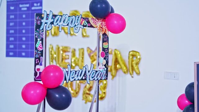 A closeup video of happy new year photo frame standee banner with balloons at entrance of the event