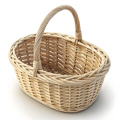 Isometric view of a simple wicker basket with clean lines and subtle shadows, isolated on a white background