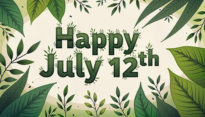 Natural green-themed design featuring "Happy July 12th" text surrounded by lush leaves and plants