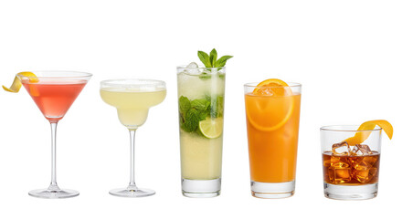Fototapeta premium A selection of five colorful cocktails isolated on transparent background
