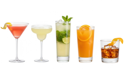 A selection of five colorful cocktails isolated on transparent background