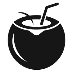 Simple black silhouette icon of a refreshing coconut drink with a straw