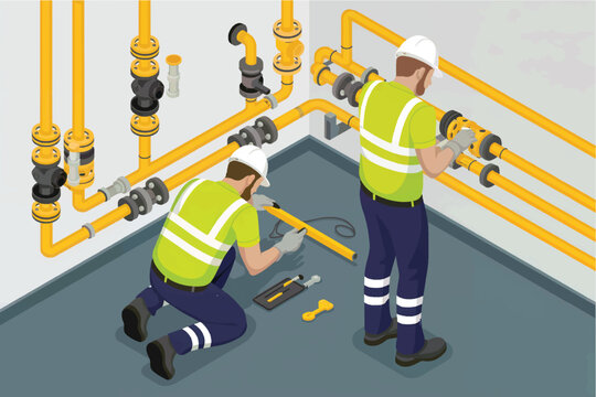 Two industrial workers in high visibility vests and hard hats performing maintenance on a complex yellow piping system isolated on white background