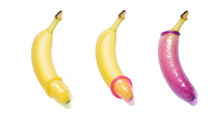 Three bananas wearing condoms isolated on transparent background