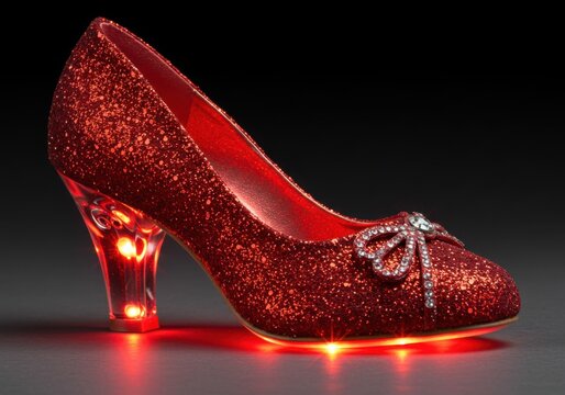Sparkling red glitter high heel shoe with crystal bow and red lights isolated on white background