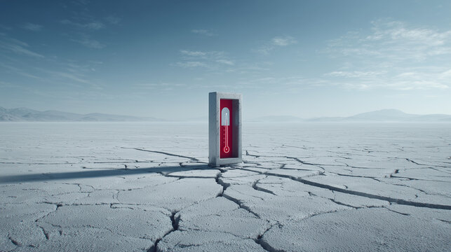 A thermometer embedded in cracked dry earth under a clear blue sky, symbolizing drought, climate crisis and rising global temperatures.