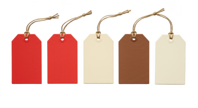 Five blank tags in red, brown, and cream isolated on transparent background
