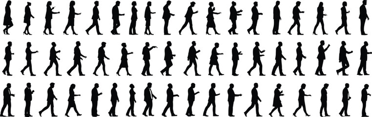 Silhouettes of diverse business people walking, isolated figures in motion, crowd walking forward, group of professionals, corporate lifestyle concept, vector