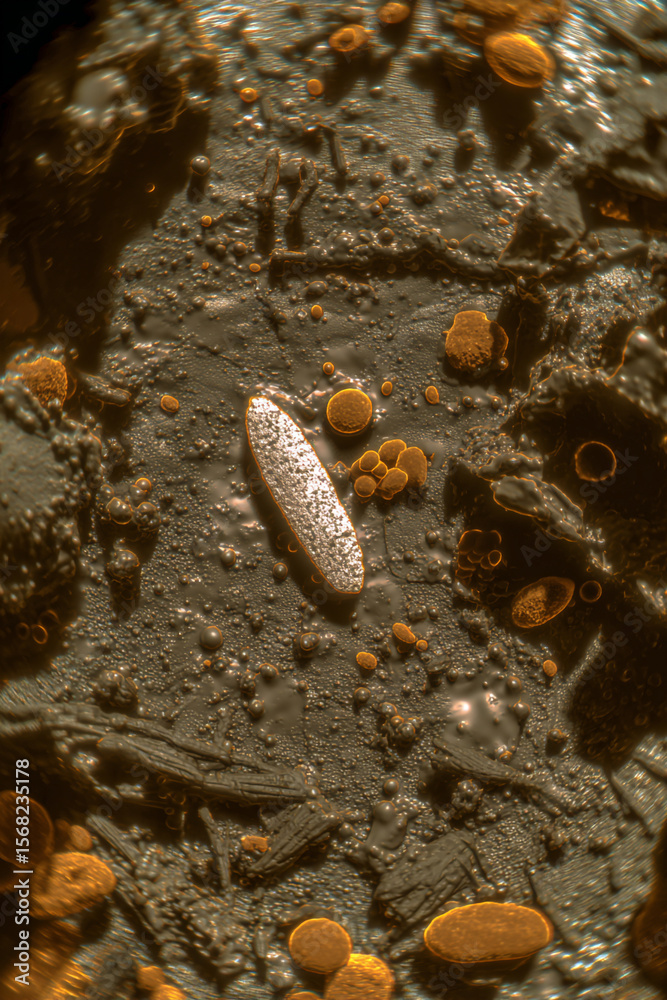 Poster a close up view of a textured surface with small golden objects and a silver elongated object
