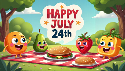 Cute cartoon fruits celebrating Happy July 24th with picnic and burgers in the park
