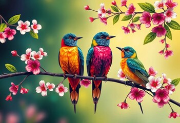 Vibrant Indian folk art style, colorful birds perched on a blossoming branch, illustration, vibrant