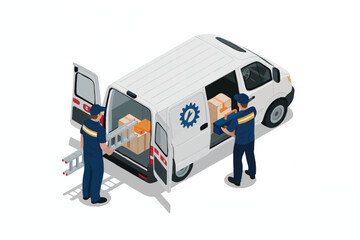 Two service workers in uniform loading and unloading equipment and packages from a white delivery van isolated on white background © gfxshakib2023