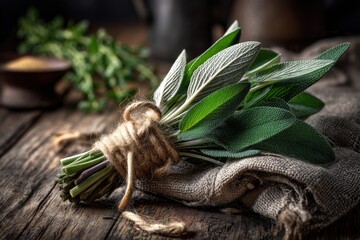 Close-up of freshly harvested garden herbs bundled for culinary use on a rustic wooden table