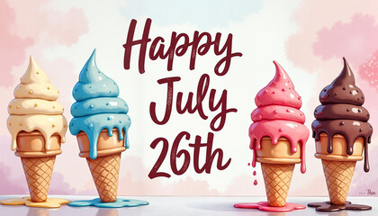 Delicious ice cream cones with colorful toppings celebrating Happy July 26th