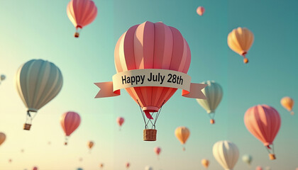 Colorful hot air balloons floating in the sky with Happy July 28th banner for celebration