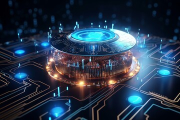 Futuristic quantum computing processor performing complex calculations on a motherboard, generating data flow and advanced technological innovation