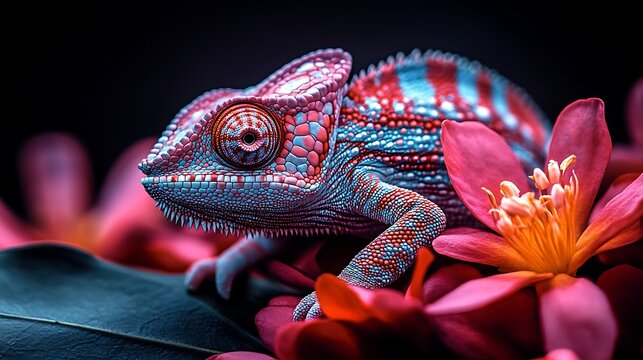 Vibrant chameleon resting amidst vibrant flowers. - Powered by Adobe