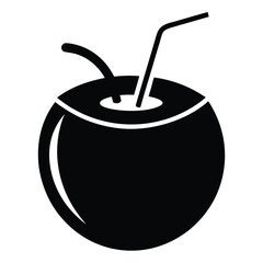 Black silhouette of a coconut with a straw and stem on a white background