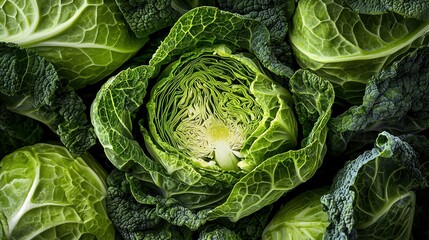 Obraz premium Cross-section reveals intricate layers and textures of fresh cabbage under dramatic lighting