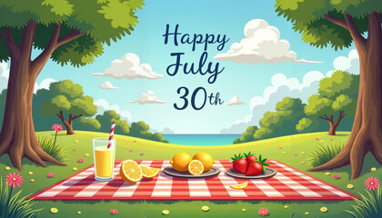 Playful cartoon fruits celebrating "Happy July 24th" with burgers on a picnic blanket, cheerful mood, outdoors, copy space
