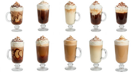 Ten glasses of various iced coffee drinks with whipped cream isolated on transparent background