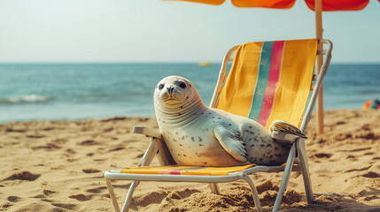 Obraz premium Playful Arctic seal lying on a striped beach chair under colorful umbrellas by the ocean, in a surreal and anthropomorphic pose.
