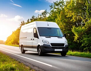 Obraz premium White van on country road, summer day