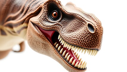 Detailed close-up of a fierce T-Rex figurine with sharp teeth on white background.