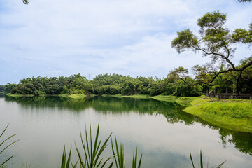 Tranquil morning view across Lantan Reservoir’s glassy water, lush tree-lined banks and soft summer sky reflecting the serene beauty of this popular scenic lake and recreation area.