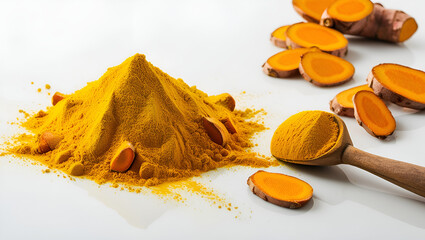 Golden turmeric powder pile with scoop and root slices on clean white background, ideal for cooking, wellness, and spice-themed visuals