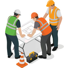 Fototapeta premium Three construction workers wearing safety vests and hard hats collaborating on a blueprint plan isolated on white background