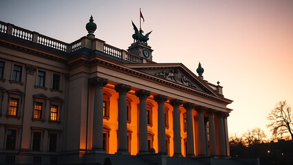 Naklejka premium Majestic neoclassical architecture bathed in golden hour light at dusk.