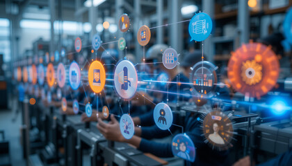 Automated factory line showcasing digital icons connecting workers and data streams for advanced industrial processes and enhanced efficiency.