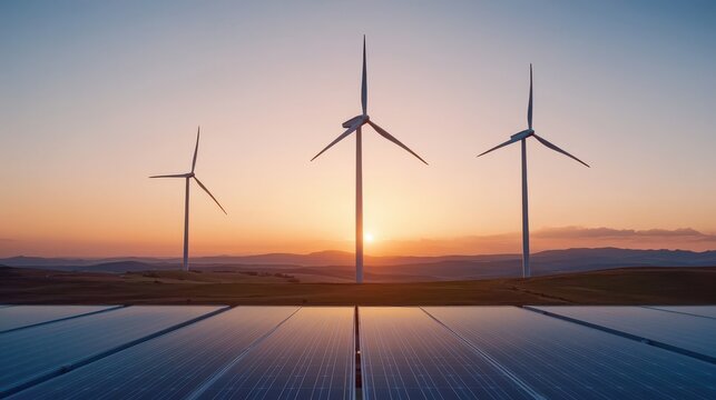 Silhouettes of wind turbines and solar panels at dusk, warm orange sky, green power generation theme