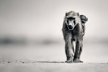 Baby baboon clings to mother as they walk through a dusty landscape in a minimalist setting
