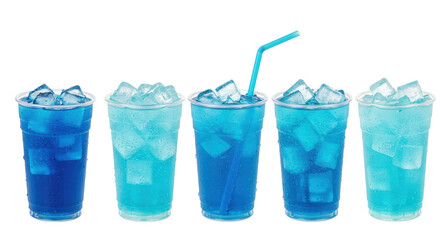Five blue and aqua drinks with ice cubes isolated on transparent background