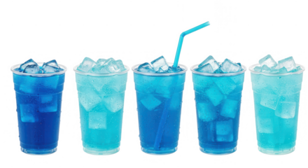 Five blue and aqua drinks with ice cubes isolated on transparent background