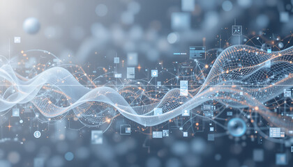 A captivating wireframe formation represents flowing data, networks, and abstract connections with a blue gradient and technological elements.