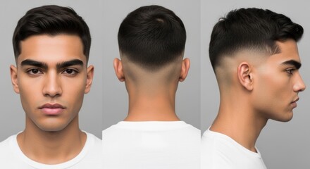A young man showcases a modern haircut in three different views: front, back, and side.