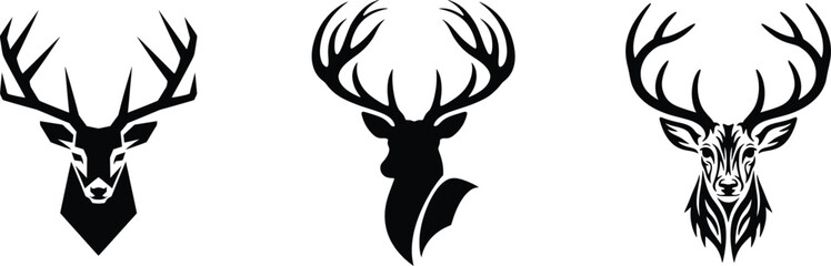Naklejka premium Three Deer Head Designs with Antlers in Black and White Silhouette