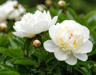 White peonies in garden