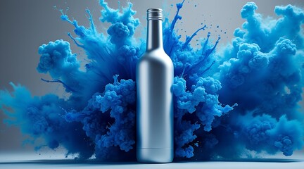 Silver Bottle in Blue Ink Explosion