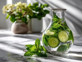 Refreshing cucumber-infused water with mint displayed in glass carafe on marble surface under natural light